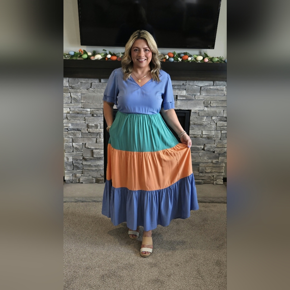 Colorblock Maxi Dress in Blue, Green, and Orange